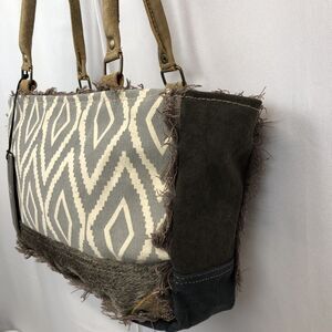 Myra Tracing Bag Gray/Brown Leather Canvas Fringe Handbag S-1336 NWT Western